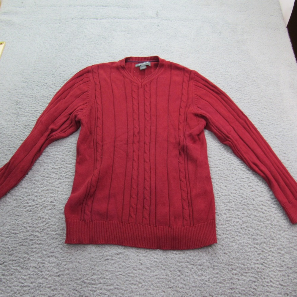 Saddlebred Men's Red Cable Knit V-Neck Long Sleeve Cotton Sweater Med